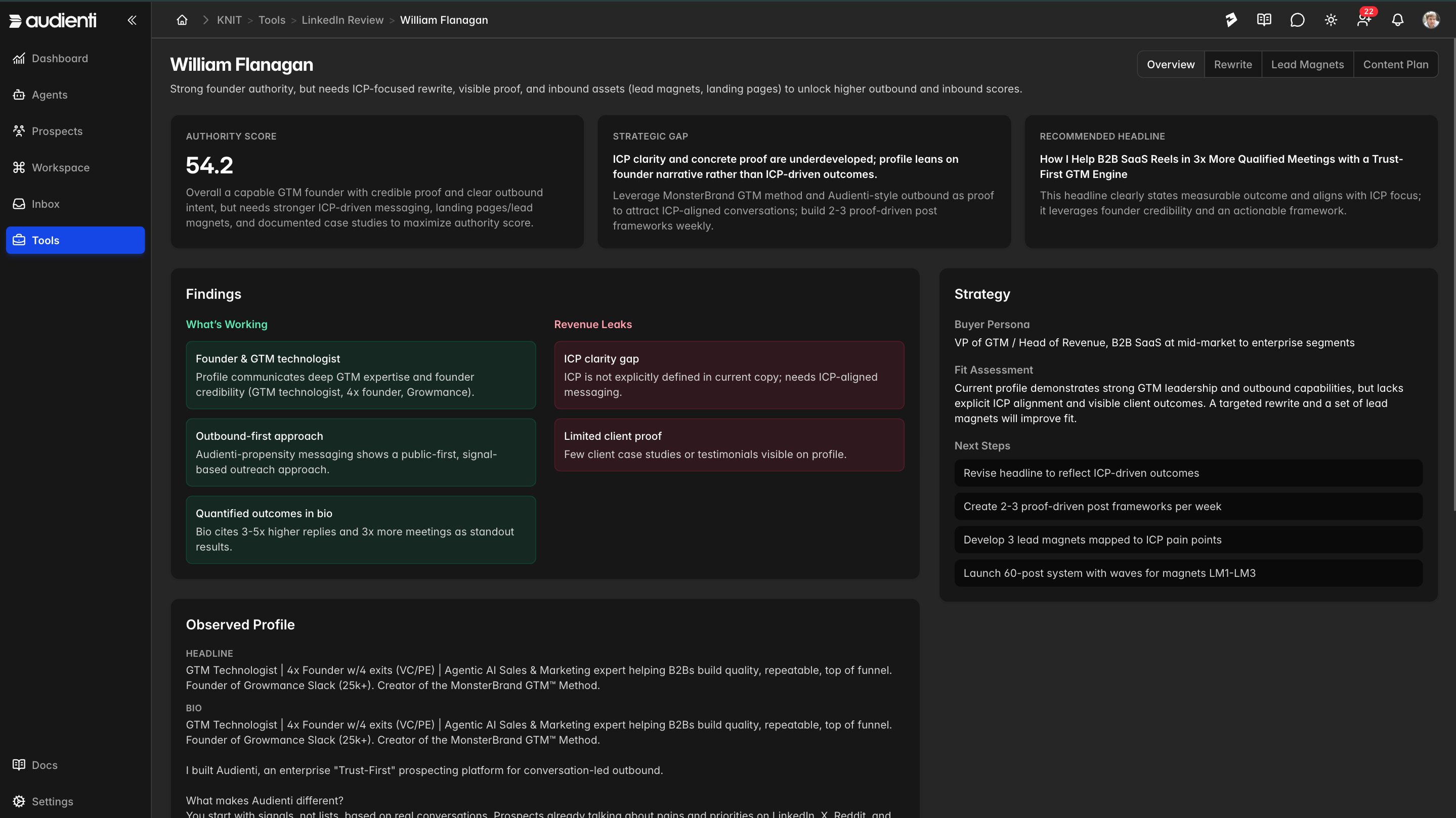 Audienti LinkedIn review view showing authority score, findings, strategy, and rep credibility planning guidance.