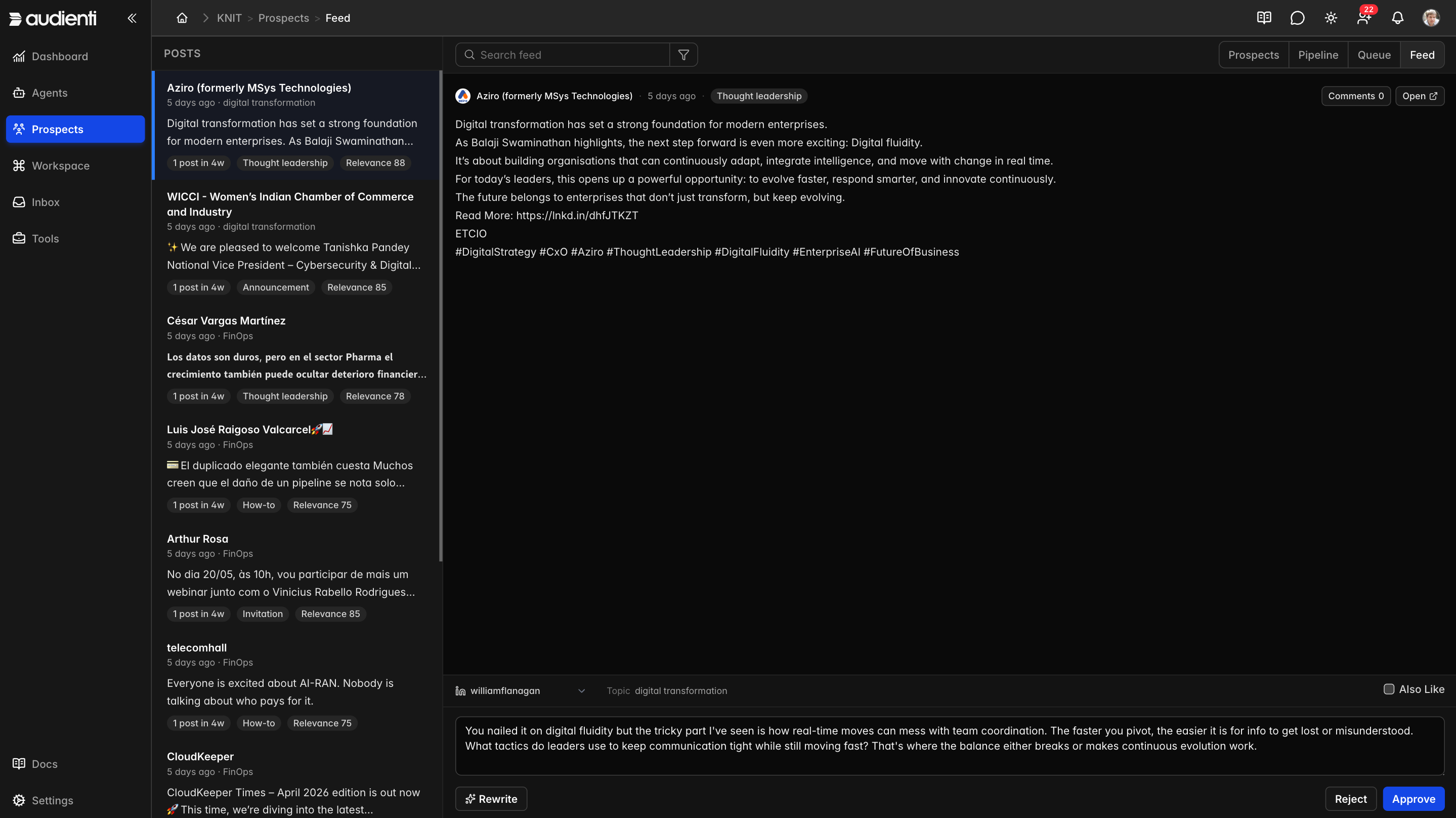 Audienti feed view showing relevant posts, market signals, and suggested public engagement workflow.