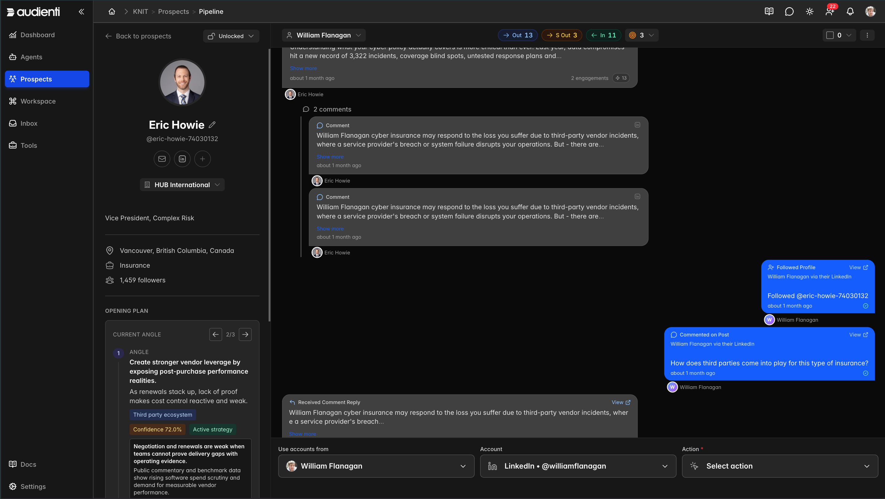 Audienti prospect view showing profile context, engagement history, opening plan guidance, and action controls.