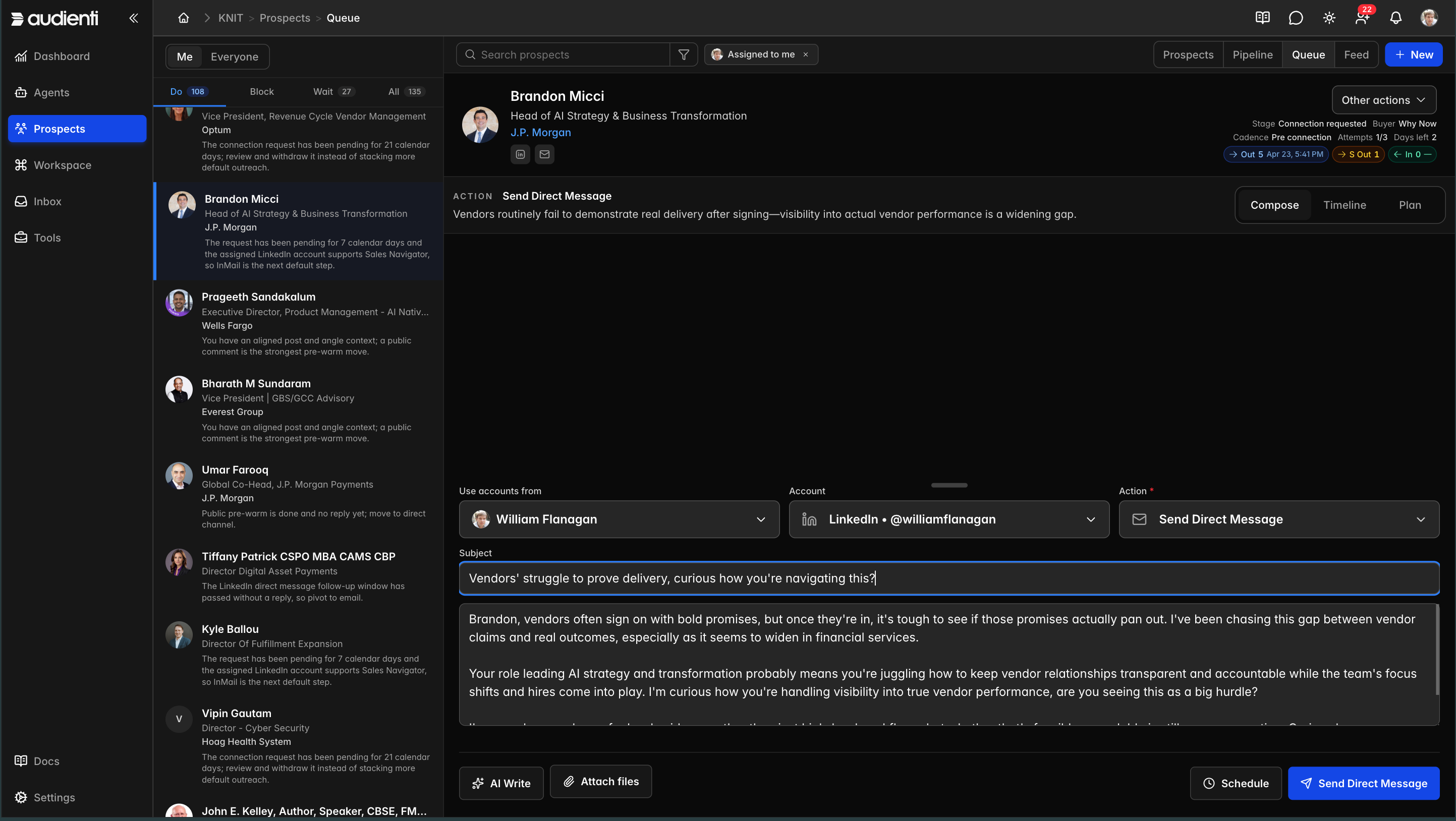 Audienti queue view showing recommended next actions and AI-assisted outreach drafting.