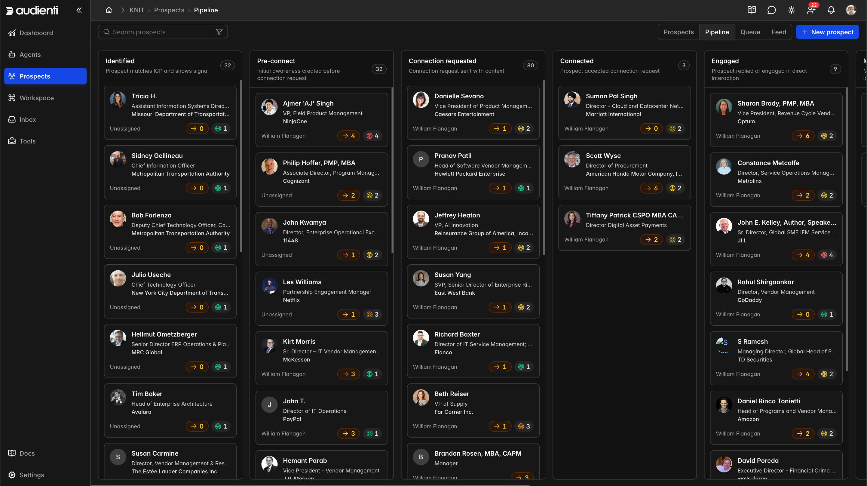 Audienti pipeline view showing automatically found prospects organized by stage and surfaced as actionable signal feeds.